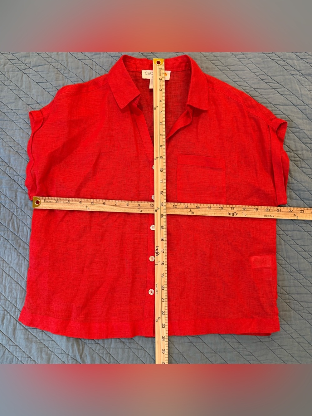 C& C California 100% Linen Fire Engine Red Button Down Cap Sleeves Blouse Medium View 5